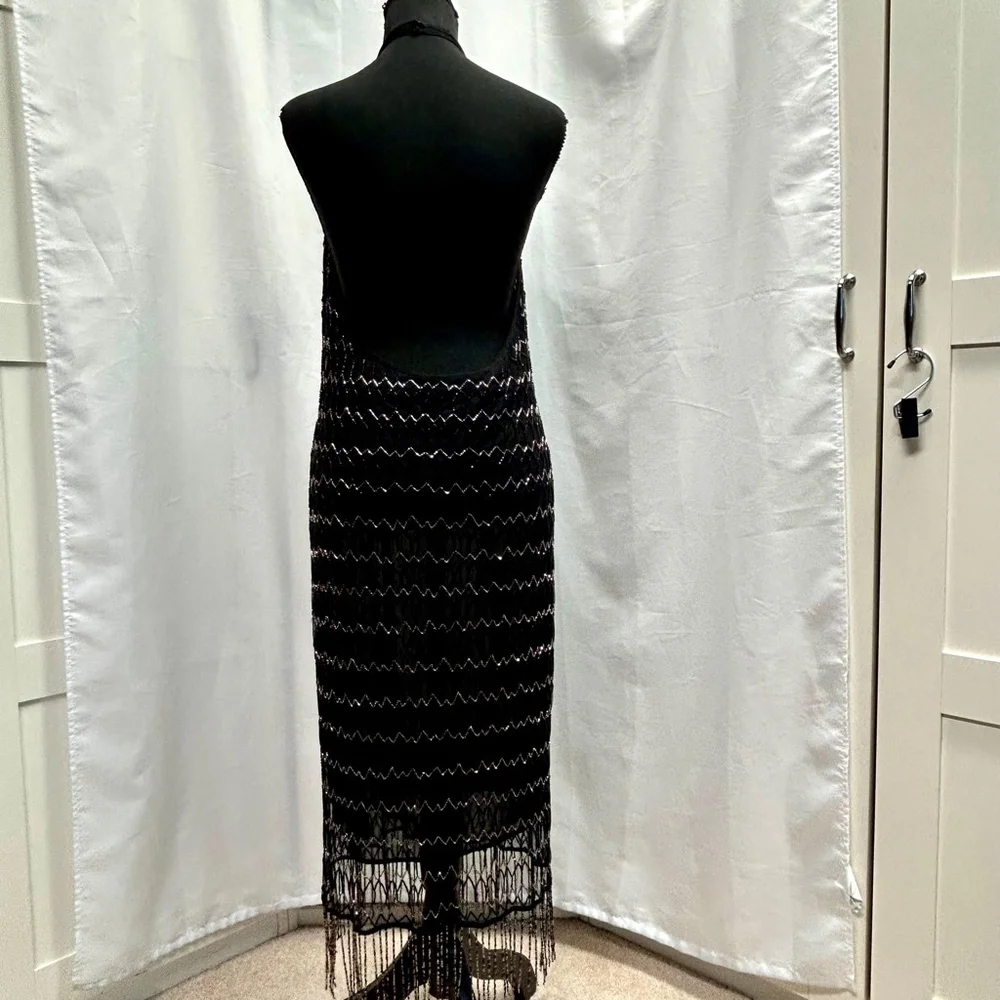 Zara Festive days limited collection black silver beaded fringe midi dress L NWT - Picture 6 of 13